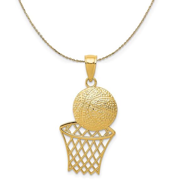 14k Yellow Gold Diamond Cut Basketball and Net Necklace - 24 Inch - Picture 1 of 7